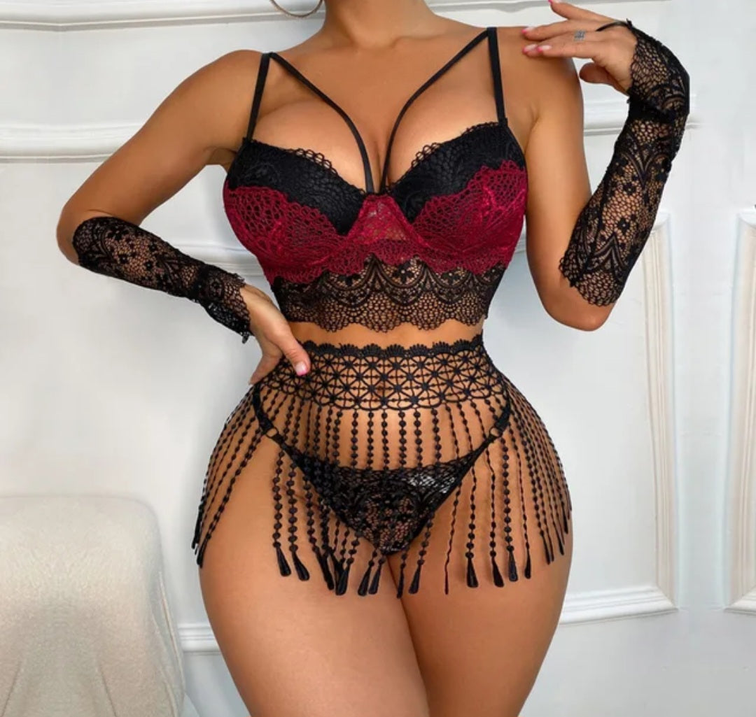 Ensamble Safira Lingerie Sexy Noir Rouge haute qualité 4 piece