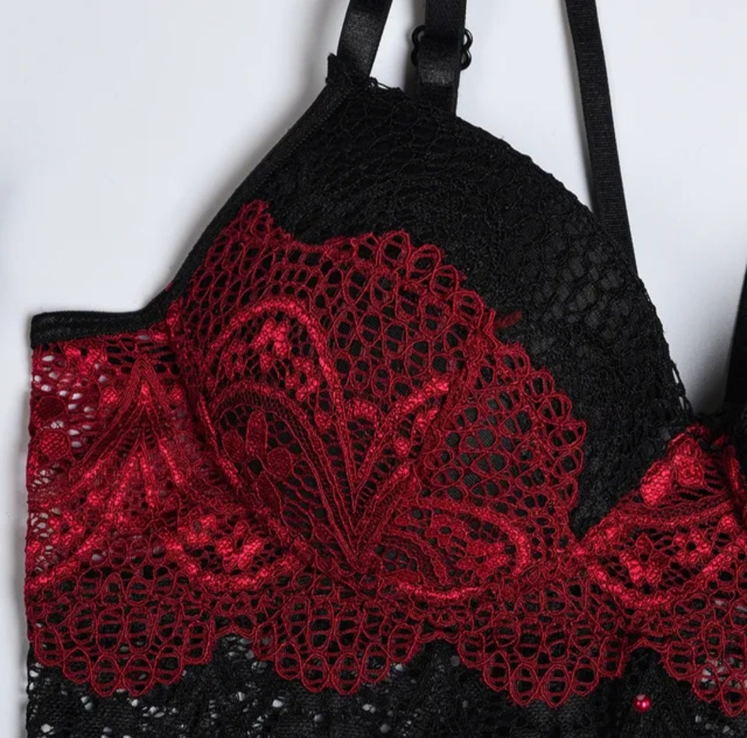 Ensamble Safira Lingerie Sexy Noir Rouge haute qualité 4 piece
